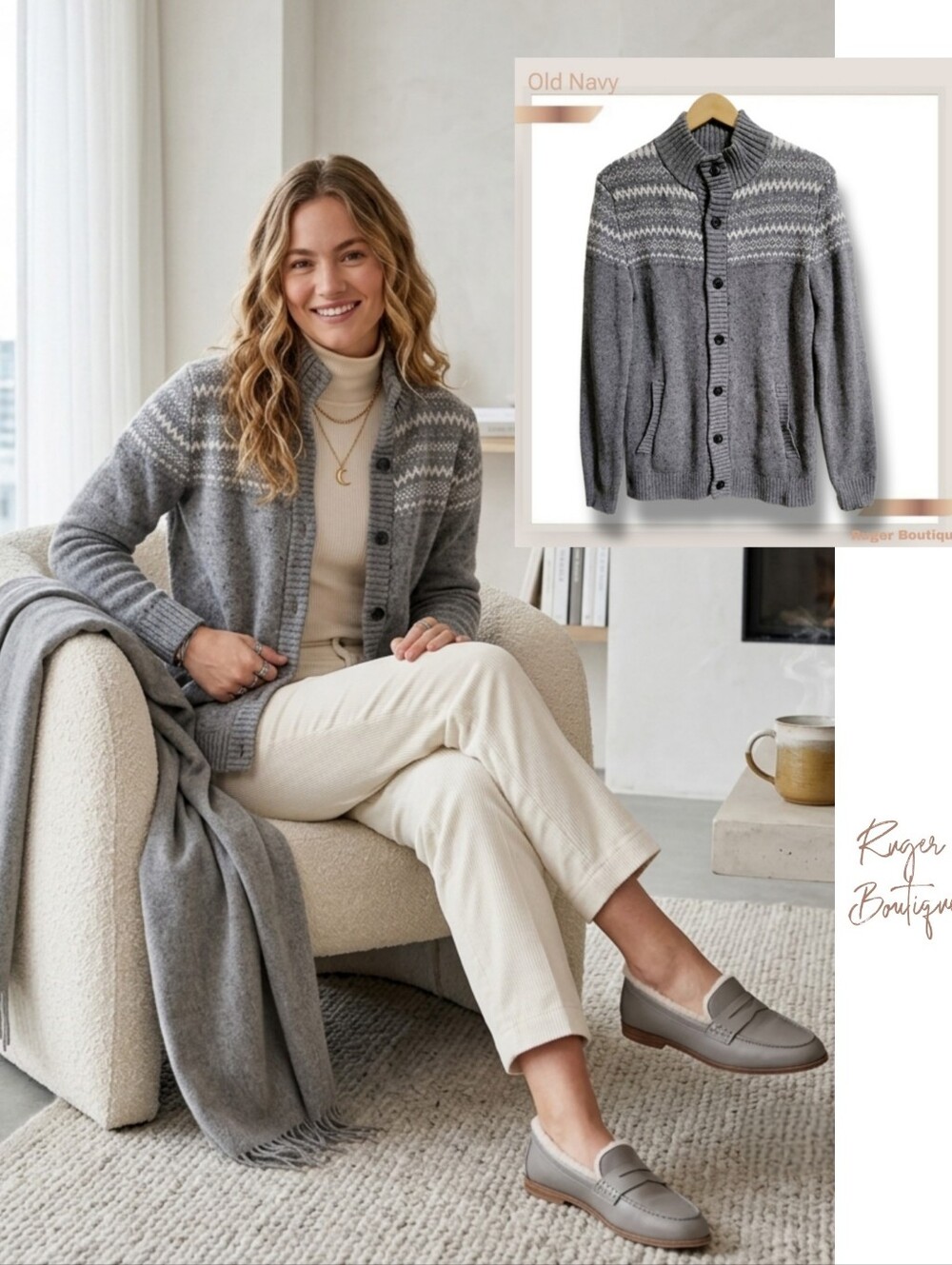 🌿Old Navy Women's Medium Nordic Fair Isle Wool Blend Button-Down Sweater Jacket